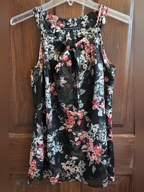 White House Black Market Black Floral Tie-Neck Shell